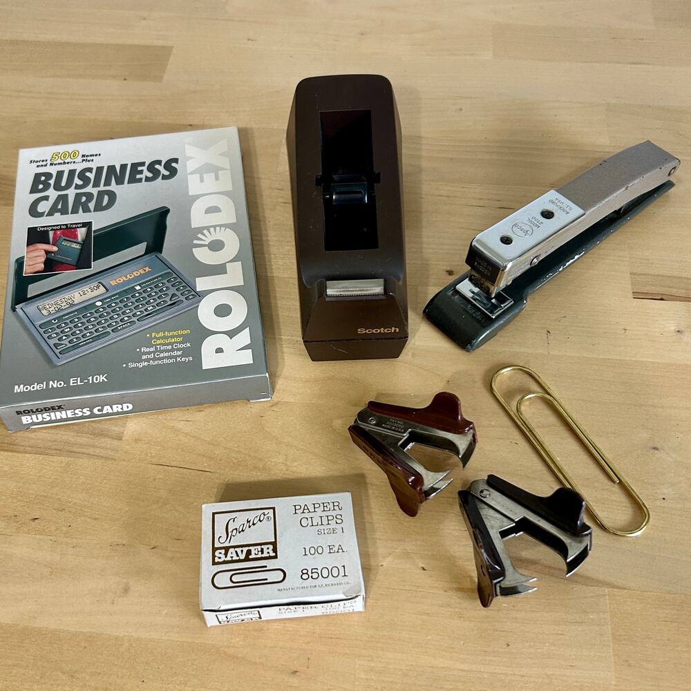 Vintage Office Supply Lot Stapler Scotch Tape Dispenser Rolodex Clips